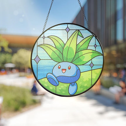 Oddish Stained Glass Suncatcher Cute Oddish Window Hanging Decor, Oddish Botanical Anime Gift for Fans & Collectors, Oddish Suncatcher Decor