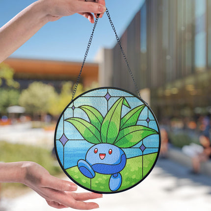Oddish Stained Glass Suncatcher Cute Oddish Window Hanging Decor, Oddish Botanical Anime Gift for Fans & Collectors, Oddish Suncatcher Decor