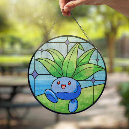 Oddish Stained Glass Suncatcher Cute Oddish Window Hanging Decor, Oddish Botanical Anime Gift for Fans & Collectors, Oddish Suncatcher Decor
