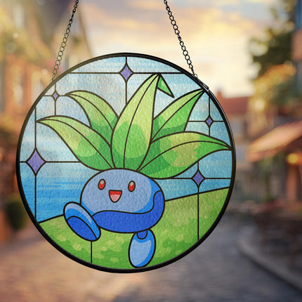 Oddish Stained Glass Suncatcher Cute Oddish Window Hanging Decor, Oddish Botanical Anime Gift for Fans & Collectors, Oddish Suncatcher Decor