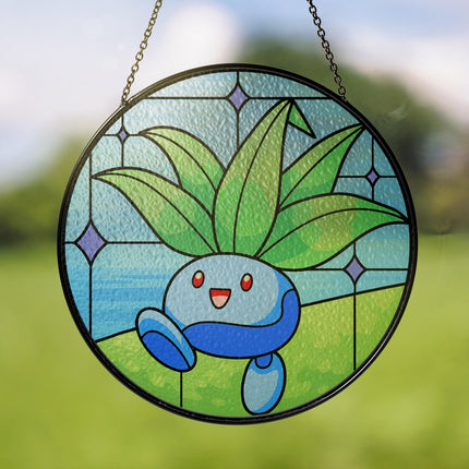 Oddish Stained Glass Suncatcher Cute Oddish Window Hanging Decor, Oddish Botanical Anime Gift for Fans & Collectors, Oddish Suncatcher Decor
