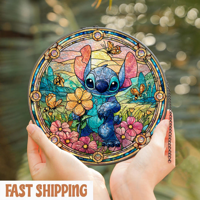 Stitch Stained Glass Suncatcher, Disney Window Decor Lilo and Stitch Wildflower Ornament, Cute Car Charm, Christmas Gift for Disney Fans
