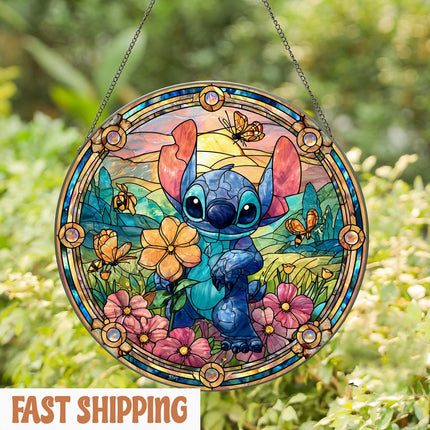 Stitch Stained Glass Suncatcher, Disney Window Decor Lilo and Stitch Wildflower Ornament, Cute Car Charm, Christmas Gift for Disney Fans