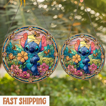Stitch Stained Glass Suncatcher, Disney Window Decor Lilo and Stitch Wildflower Ornament, Cute Car Charm, Christmas Gift for Disney Fans