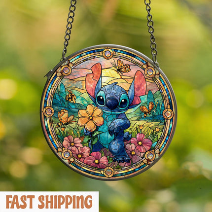 Stitch Stained Glass Suncatcher, Disney Window Decor Lilo and Stitch Wildflower Ornament, Cute Car Charm, Christmas Gift for Disney Fans