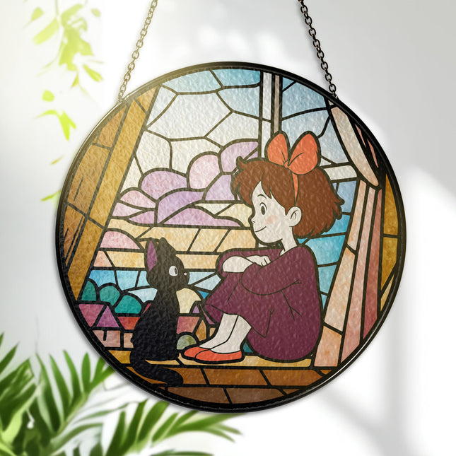 Kiki & Jiji Stained Glass – Witch Girl Window Hanging – Printed Decor – Suncatcher Glass – Gift for Anime Lovers