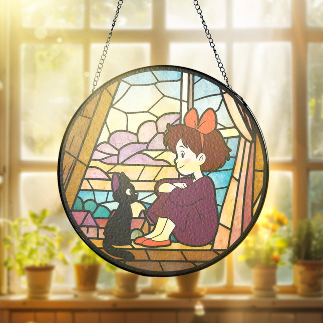 Kiki & Jiji Stained Glass – Witch Girl Window Hanging – Printed Decor – Suncatcher Glass – Gift for Anime Lovers