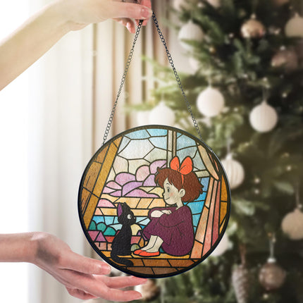 Kiki & Jiji Stained Glass – Witch Girl Window Hanging – Printed Decor – Suncatcher Glass – Gift for Anime Lovers