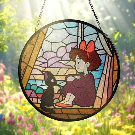 Kiki & Jiji Stained Glass – Witch Girl Window Hanging – Printed Decor – Suncatcher Glass – Gift for Anime Lovers