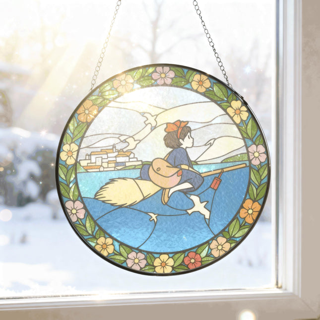 Kiki Stained Glass Suncatcher – Witch Window Hanging – Anime Glass Art Decor – Anime Lover Gift