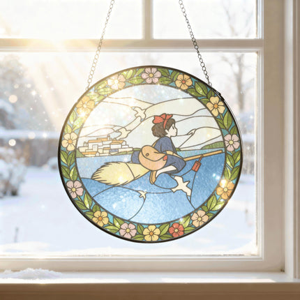 Kiki Stained Glass Suncatcher – Witch Window Hanging – Anime Glass Art Decor – Anime Lover Gift