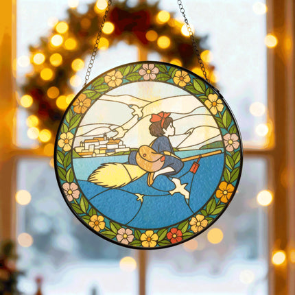 Kiki Stained Glass Suncatcher – Witch Window Hanging – Anime Glass Art Decor – Anime Lover Gift