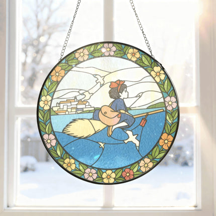Kiki Stained Glass Suncatcher – Witch Window Hanging – Anime Glass Art Decor – Anime Lover Gift