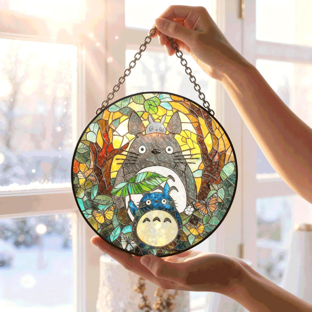 Anime Vintage My Neighbor Faux Stained Glass Suncatcher, Anime Fan Suncatcher, Gift For Friends Window Hanging, Room Decor, Christmas Gift