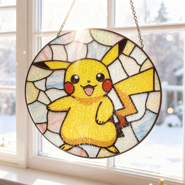 Pikachu Stained Glass Suncatcher Pikachu Window Hanging Decor Colorful Anime Glass Gift for Gamer or Pokémon Fans