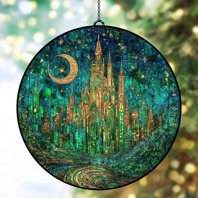 Emerald City Stained Glass Suncatcher, Elphaba and Glinda Suncatcher, Wicked Musical Decor, Christmas Window Hanging, Gift for Theatre Fans