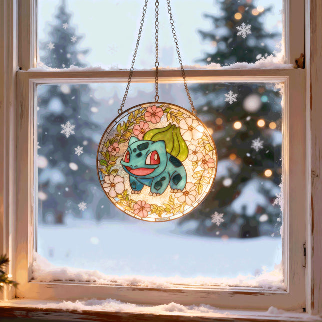 Bulbasaur Stained Glass Suncatcher, Anime Window Hanging, Kids Room Decor
