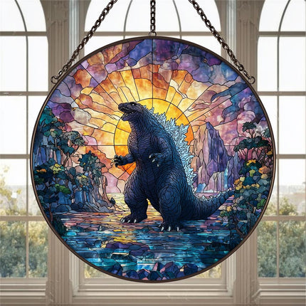 Godzilla Fan Art Ornament, Autumn Foliage Window Decor, Monster Movie Gift For Him, Acrylic Stained Glass Pattern, Unique Gamer Gift