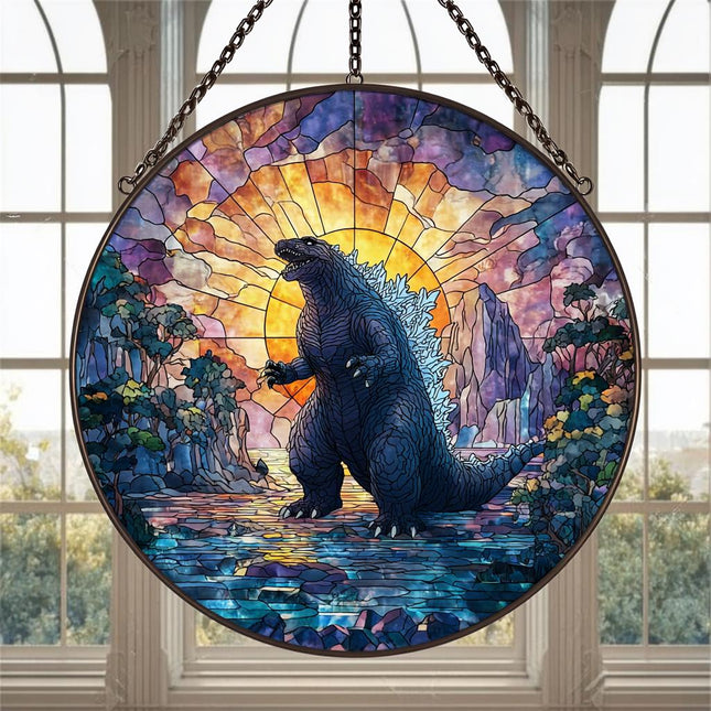 Godzilla Fan Art Ornament, Autumn Foliage Window Decor, Monster Movie Gift For Him, Acrylic Stained Glass Pattern, Unique Gamer Gift