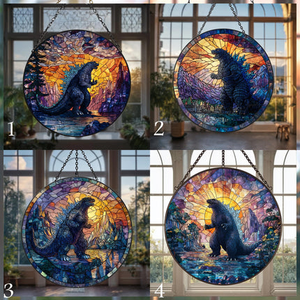 Godzilla Fan Art Ornament, Autumn Foliage Window Decor, Monster Movie Gift For Him, Acrylic Stained Glass Pattern, Unique Gamer Gift