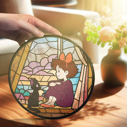 Kiki & Jiji Stained Glass – Witch Girl Window Hanging – Printed Decor – Suncatcher Glass – Gift for Anime Lovers