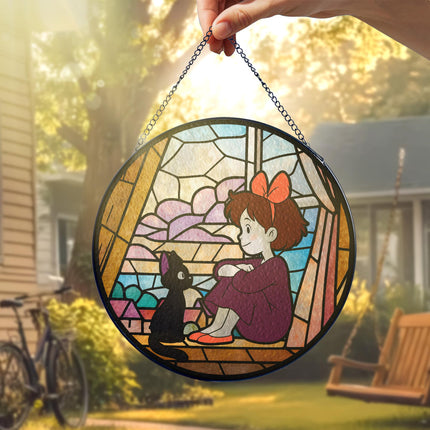 Kiki & Jiji Stained Glass – Witch Girl Window Hanging – Printed Decor – Suncatcher Glass – Gift for Anime Lovers