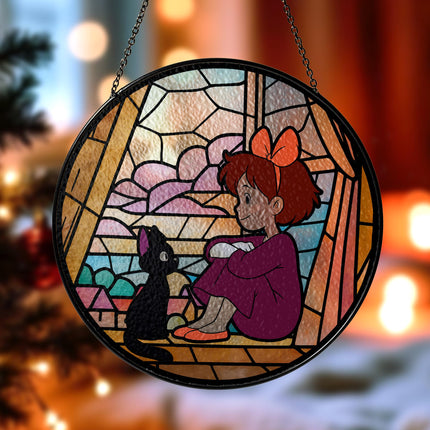 Kiki & Jiji Stained Glass – Witch Girl Window Hanging – Printed Decor – Suncatcher Glass – Gift for Anime Lovers