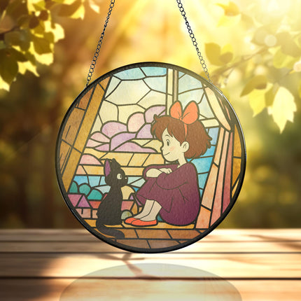 Kiki & Jiji Stained Glass – Witch Girl Window Hanging – Printed Decor – Suncatcher Glass – Gift for Anime Lovers