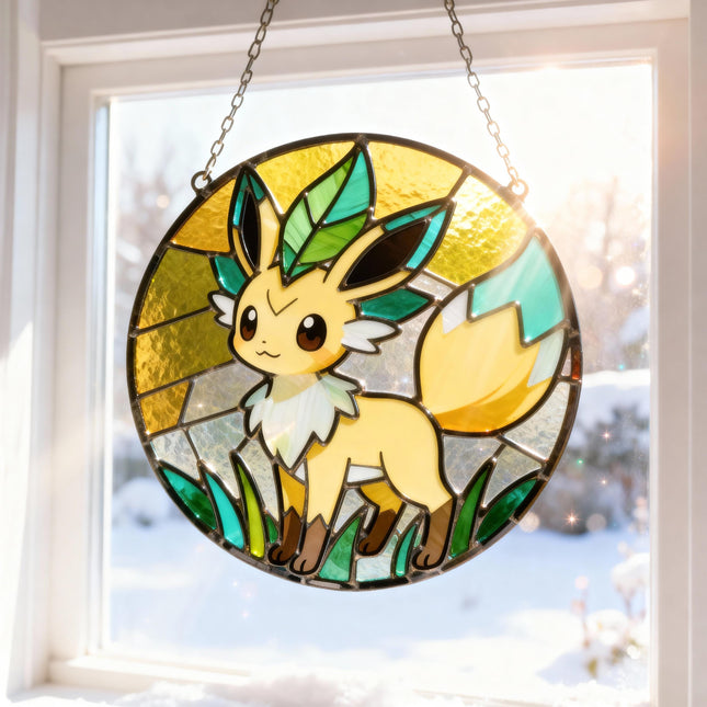 Leafeon Stained Glass Suncatcher Leaf Window Decor Nature Themed Eeveelution Gift Anime Suncatcher Leafeon Decor Stained Glass Decor Gift