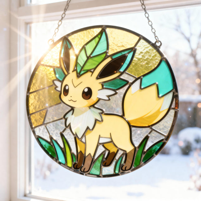 Leafeon Stained Glass Suncatcher Leaf Window Decor Nature Themed Eeveelution Gift Anime Suncatcher Leafeon Decor Stained Glass Decor Gift
