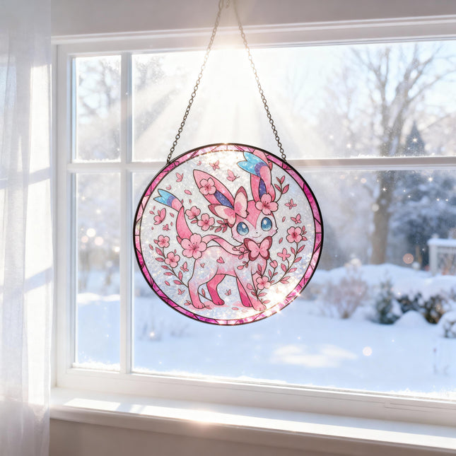 Sylveon Stained Glass Window Hanging, Cute Pokémon Decor, Cherry Blossom Gift for Anime Fans, Pokémon Gift For Home Decor