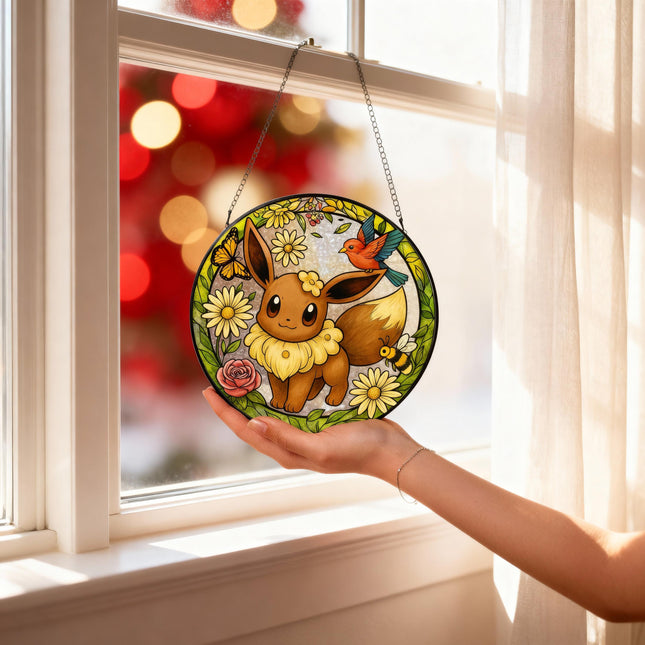 Pokemon Eevee Stained Glass Art – Window Hanging Decor, Flower Garden Design, Anime Fan Gift