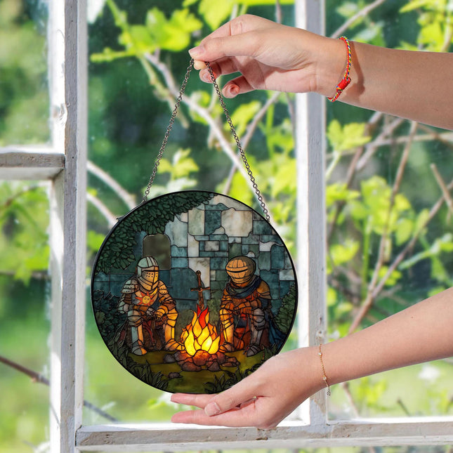 Bonfire with Solaire & Siegmeyer Glass Suncatcher, Dark Souls Acrylic Suncatcher, Elden Ring Merch, Game Room Decor, Steam Game Lovers Gifts
