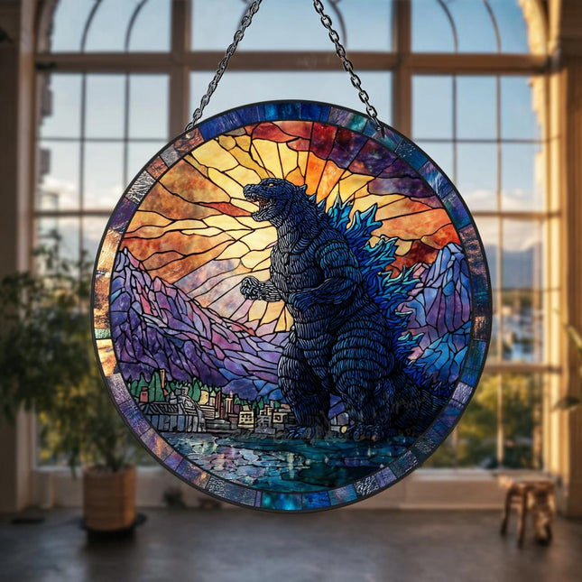 Godzilla Fan Art Ornament, Autumn Foliage Window Decor, Monster Movie Gift For Him, Acrylic Stained Glass Pattern, Unique Gamer Gift