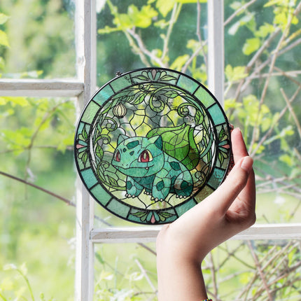 Bulbasaur Stained Glass Suncatcher, Floral Anime Decor