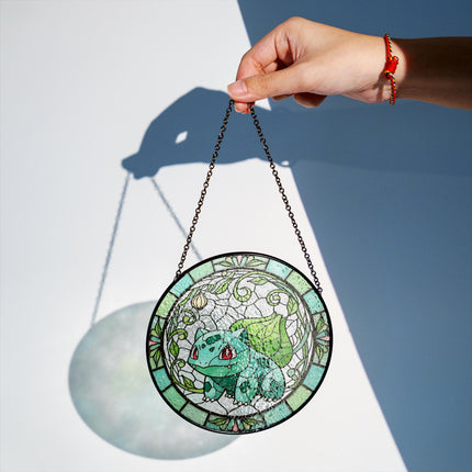 Bulbasaur Stained Glass Suncatcher, Floral Anime Decor