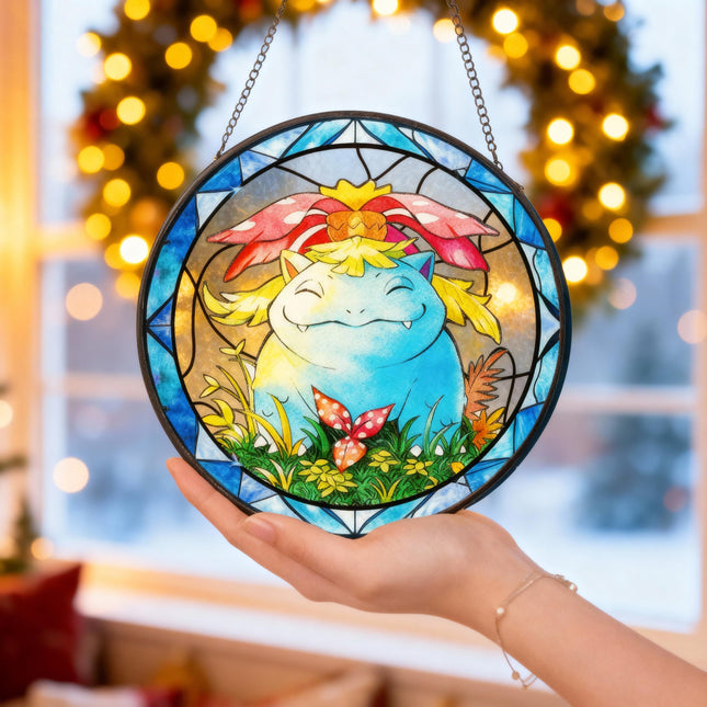 Bulbasaur Stained Glass Suncatcher, Anime Window Hanging, Kids Room Decor
