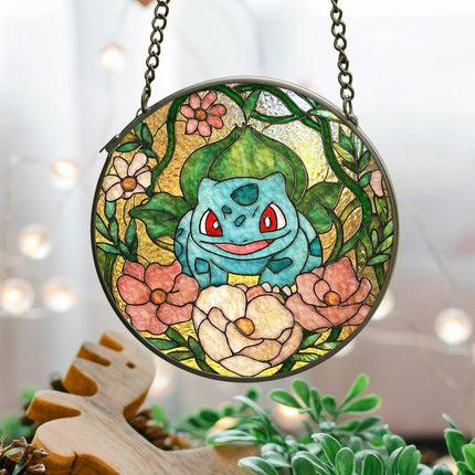 Bulbasaur Stained Glass Suncatcher: Anime Window Hanging