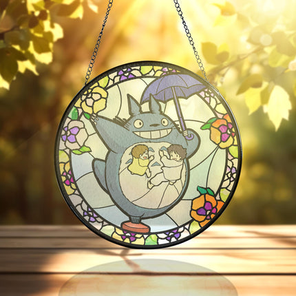 My Neighbor Glass Suncatcher – Studio Ghibli Glass Art – Printed Window Hanging – Forest Spirit Wall Decor – Anime Lover Gift