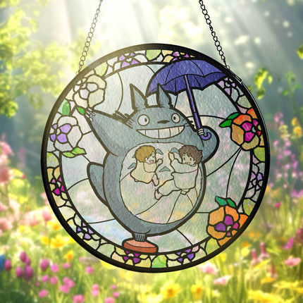 My Neighbor Glass Suncatcher – Studio Ghibli Glass Art – Printed Window Hanging – Forest Spirit Wall Decor – Anime Lover Gift