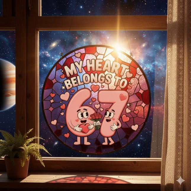 Glass Suncatcher - Six Seven Lovers Window Hanging Decor, Stained Glass Style, Acrylic Suncatcher Valentine, Gift for Couple