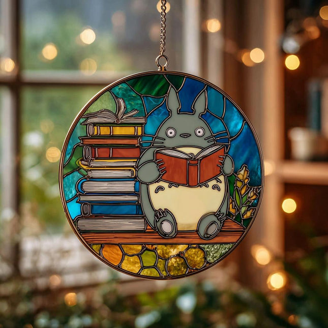 Totoro Reading Glass Suncatcher, Stained Glass Anime Window Art, Studio Ghibli Gift, Bookish Home Decor
