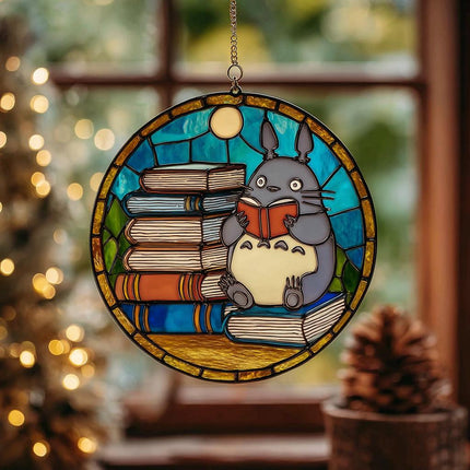 Totoro Reading Glass Suncatcher, Stained Glass Anime Window Art, Studio Ghibli Gift, Bookish Home Decor