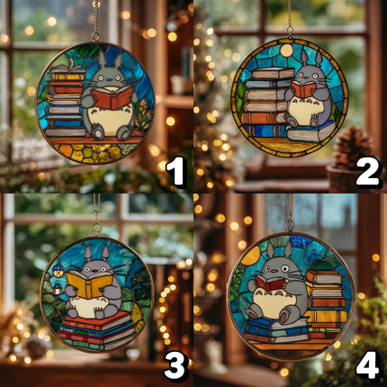 Totoro Reading Glass Suncatcher, Stained Glass Anime Window Art, Studio Ghibli Gift, Bookish Home Decor