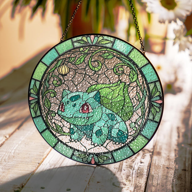 Bulbasaur Stained Glass Suncatcher, Floral Anime Decor