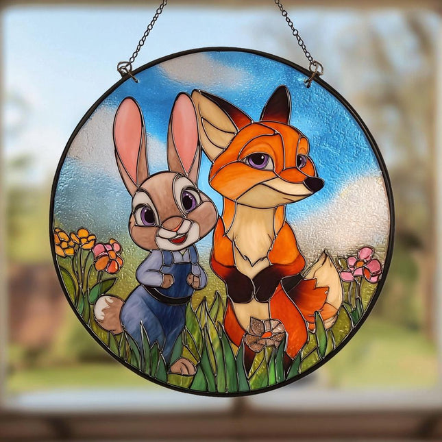 Bunny & Fox Stained Glass Suncatcher, Window Hanging Decor, Gift for Kids, Movie Lovers, Disney Movies