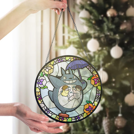 My Neighbor Glass Suncatcher – Studio Ghibli Glass Art – Printed Window Hanging – Forest Spirit Wall Decor – Anime Lover Gift