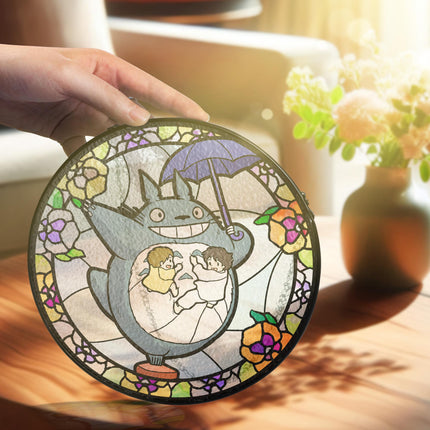 My Neighbor Glass Suncatcher – Studio Ghibli Glass Art – Printed Window Hanging – Forest Spirit Wall Decor – Anime Lover Gift