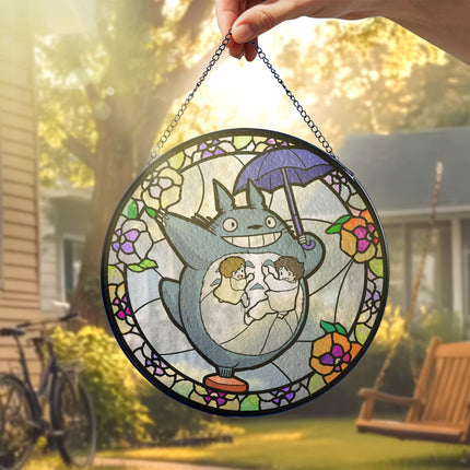 My Neighbor Glass Suncatcher – Studio Ghibli Glass Art – Printed Window Hanging – Forest Spirit Wall Decor – Anime Lover Gift