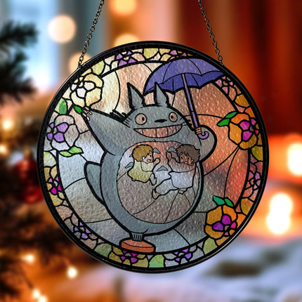 My Neighbor Glass Suncatcher – Studio Ghibli Glass Art – Printed Window Hanging – Forest Spirit Wall Decor – Anime Lover Gift